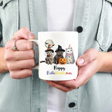 Happy Hallo Thanksmas Halloween Mugs, Witchy Cats Halloween Coffee Mugs, Vintage Cats Halloween Ceramic Tea Cups, Fall Mugs, Halloween Gifts