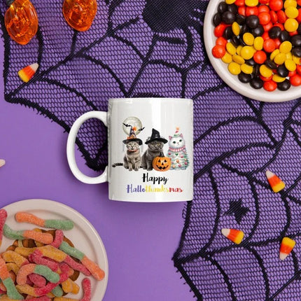 Happy Hallo Thanksmas Halloween Mugs, Witchy Cats Halloween Coffee Mugs, Vintage Cats Halloween Ceramic Tea Cups, Fall Mugs, Halloween Gifts