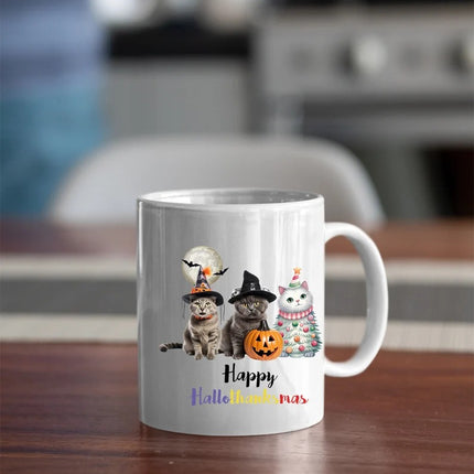 Happy Hallo Thanksmas Halloween Mugs, Witchy Cats Halloween Coffee Mugs, Vintage Cats Halloween Ceramic Tea Cups, Fall Mugs, Halloween Gifts