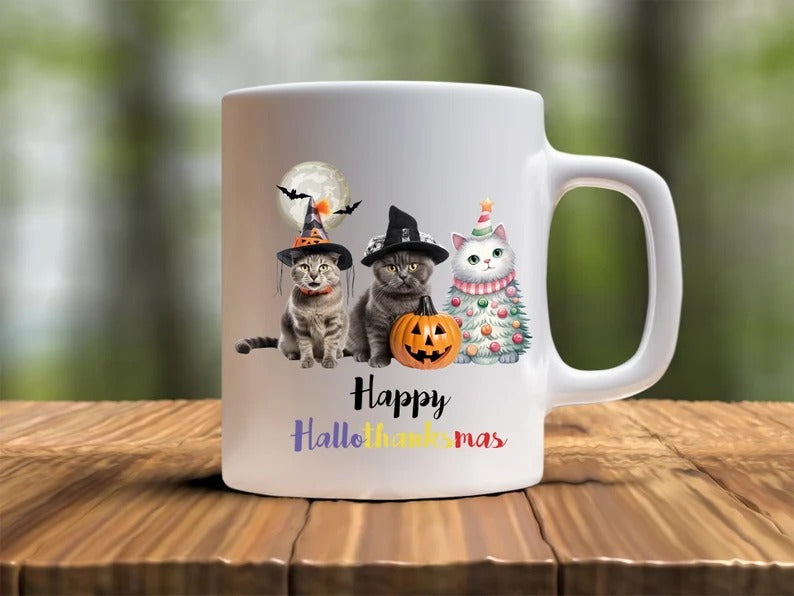 Happy Hallo Thanksmas Halloween Mugs, Witchy Cats Halloween Coffee Mugs, Vintage Cats Halloween Ceramic Tea Cups, Fall Mugs, Halloween Gifts