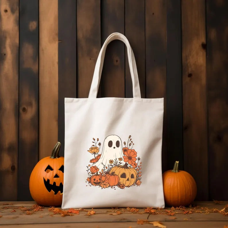 Halloween Ghost Tote Bags, Thanksgiving Pumpkins Spooky Printed Tote Bags, Halloween Shopping Bag, Spooky Cute Ghost Canvas Halloween Bags