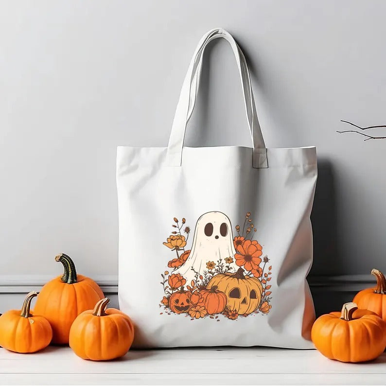 Halloween Ghost Tote Bags, Thanksgiving Pumpkins Spooky Printed Tote Bags, Halloween Shopping Bag, Spooky Cute Ghost Canvas Halloween Bags