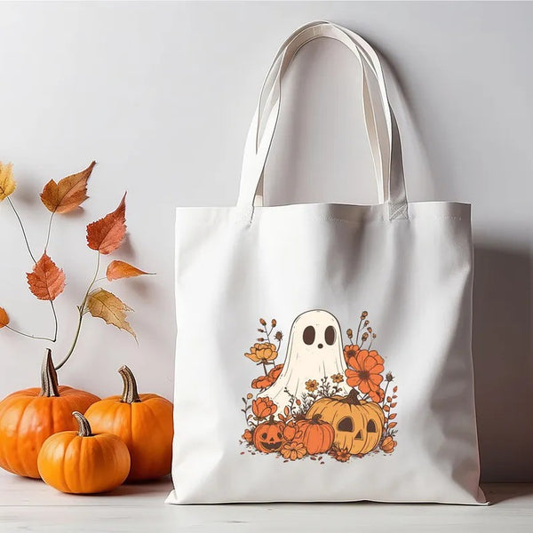 Halloween Ghost Tote Bags, Thanksgiving Pumpkins Spooky Printed Tote Bags, Halloween Shopping Bag, Spooky Cute Ghost Canvas Halloween Bags