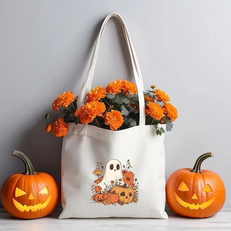 Halloween Ghost Tote Bags, Thanksgiving Pumpkins Spooky Printed Tote Bags, Halloween Shopping Bag, Spooky Cute Ghost Canvas Halloween Bags