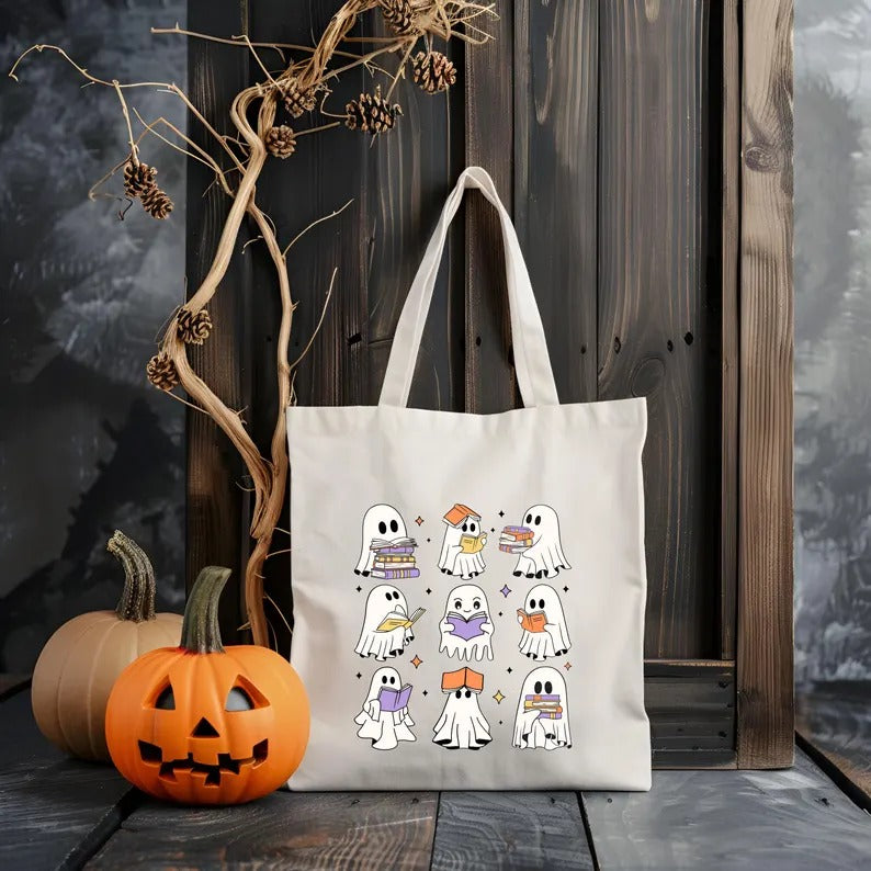 Ghosts Tote Bags, Cute Halloween Ghost Reading Books Printed Tote Bags, Halloween Bookish Ghost Bags, Spooky Season, Cotton Halloween Totes