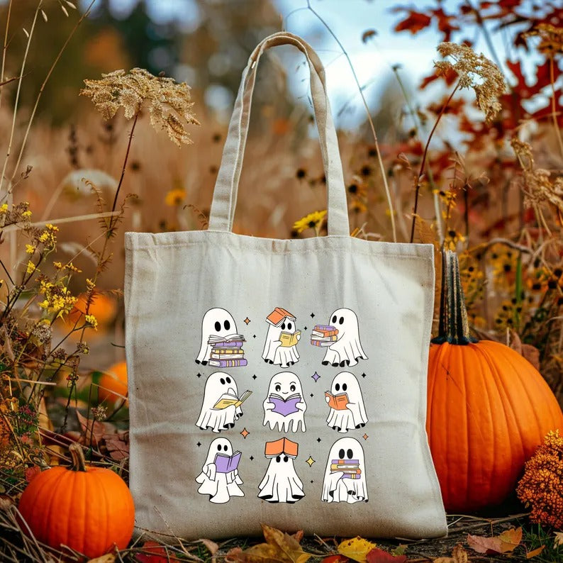 Ghosts Tote Bags, Cute Halloween Ghost Reading Books Printed Tote Bags, Halloween Bookish Ghost Bags, Spooky Season, Cotton Halloween Totes