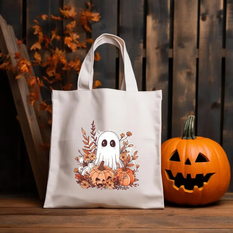 Aesthetic Halloween Ghost Tote Bags, Thanksgiving Spooky Printed Tote Bags, Halloween Pumpkins Bag, Spooky Cute Ghost Canvas Halloween Bags