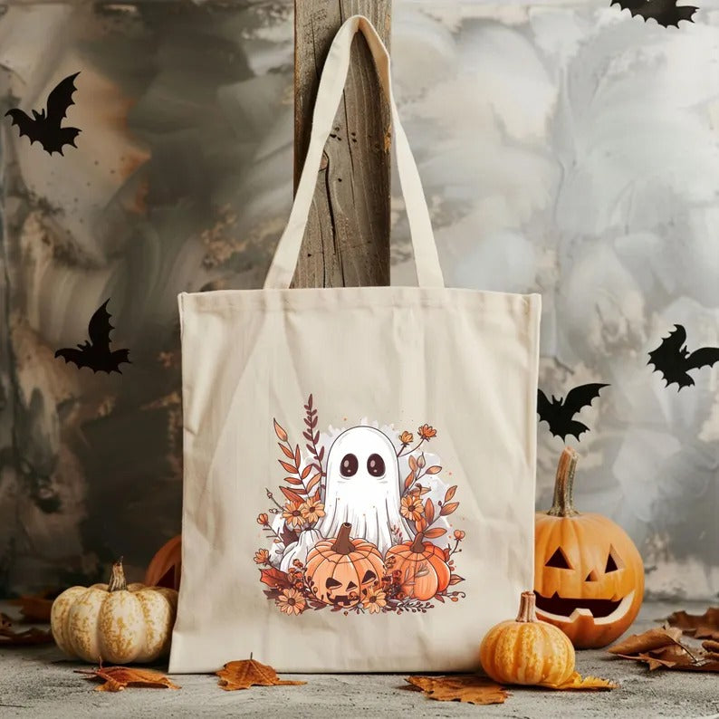 Aesthetic Halloween Ghost Tote Bags, Thanksgiving Spooky Printed Tote Bags, Halloween Pumpkins Bag, Spooky Cute Ghost Canvas Halloween Bags