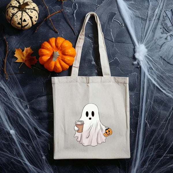 Halloween Spooky Ghost Tote Bags, Cute Ghosts Drinking Coffee Printed Totes, Halloween Shopping Bag, Spooky Cute Ghost Canvas Halloween Bags