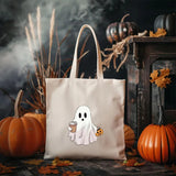 Halloween Spooky Ghost Tote Bags, Cute Ghosts Drinking Coffee Printed Totes, Halloween Shopping Bag, Spooky Cute Ghost Canvas Halloween Bags