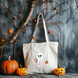 Halloween Spooky Ghost Tote Bags, Cute Ghosts Drinking Coffee Printed Totes, Halloween Shopping Bag, Spooky Cute Ghost Canvas Halloween Bags