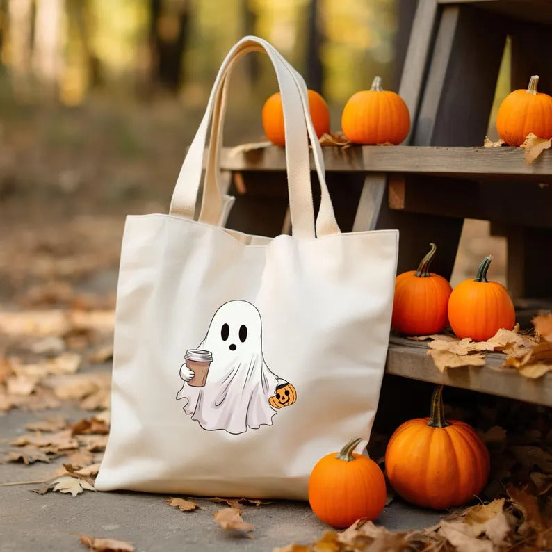 Halloween Spooky Ghost Tote Bags, Cute Ghosts Drinking Coffee Printed Totes, Halloween Shopping Bag, Spooky Cute Ghost Canvas Halloween Bags