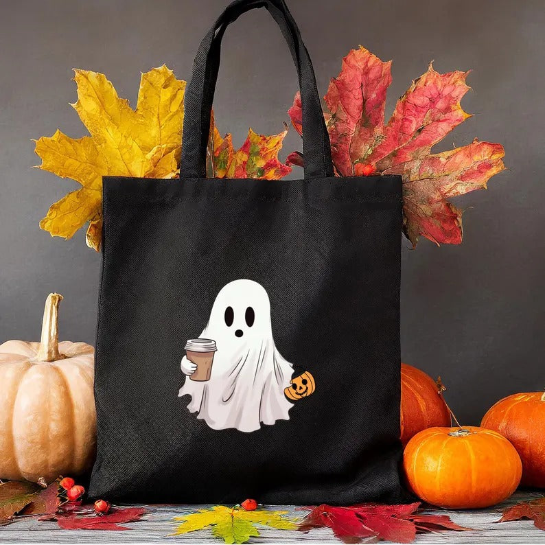 Halloween Spooky Ghost Tote Bags, Cute Ghosts Drinking Coffee Printed Totes, Halloween Shopping Bag, Spooky Cute Ghost Canvas Halloween Bags