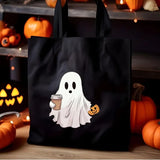 Halloween Spooky Ghost Tote Bags, Cute Ghosts Drinking Coffee Printed Totes, Halloween Shopping Bag, Spooky Cute Ghost Canvas Halloween Bags