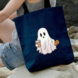 Halloween Spooky Ghost Tote Bags, Cute Ghosts Drinking Coffee Printed Totes, Halloween Shopping Bag, Spooky Cute Ghost Canvas Halloween Bags