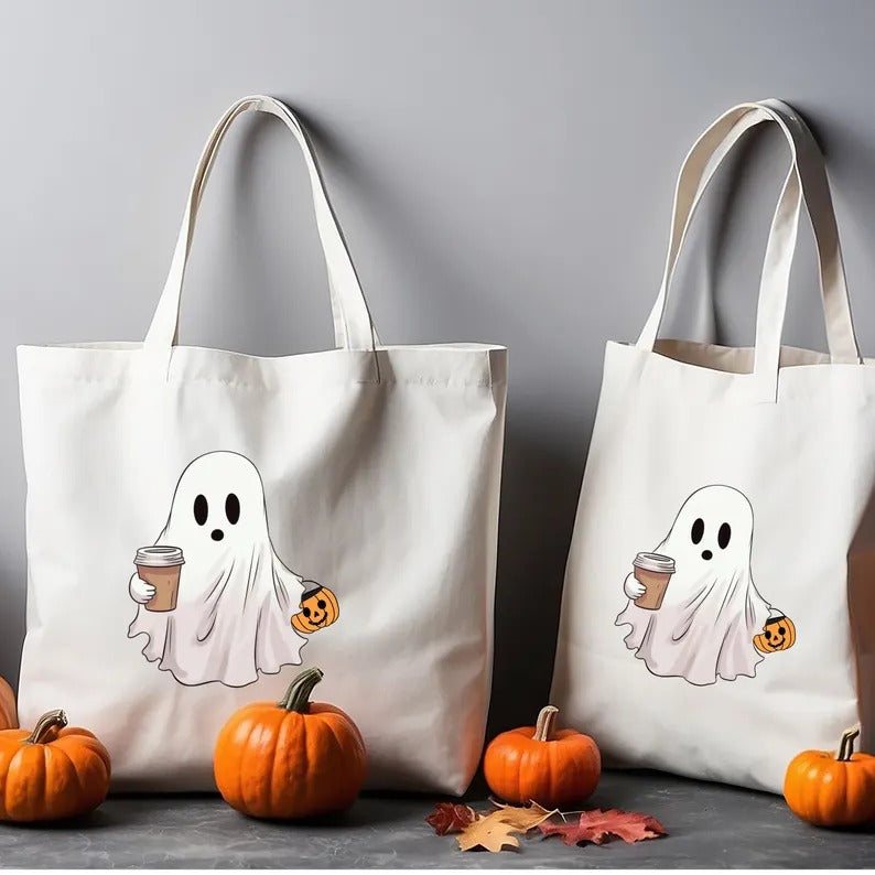 Halloween Spooky Ghost Tote Bags, Cute Ghosts Drinking Coffee Printed Totes, Halloween Shopping Bag, Spooky Cute Ghost Canvas Halloween Bags