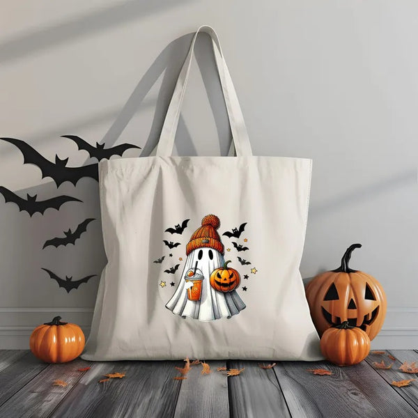 Halloween Cute Ghosts Tote Bags, Ghosts Drinking Coffee Printed Totes, Halloween Shopping Bags, Spooky Cute Ghost Canvas Bags For Halloween