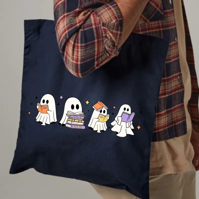 Halloween Floral Ghosts Tote Bags, Cute Halloween Ghosts Printed Bags, Spooky Season Bags, Cotton Shopping Tote Bags, Halloween Gift for Her