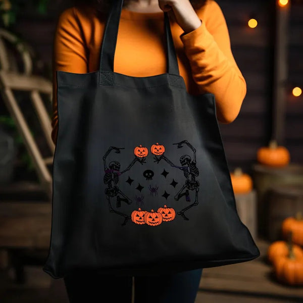 Halloween Dancing Skeletons Tote Bag, Funny Halloween Skeletons Printed Bags, Cotton Shopping Bags, Pumpkin Tote Bag, Halloween Gift for Her