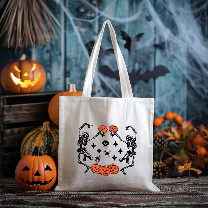 Halloween Dancing Skeletons Tote Bag, Funny Halloween Skeletons Printed Bags, Cotton Shopping Bags, Pumpkin Tote Bag, Halloween Gift for Her