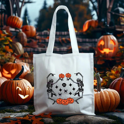 Halloween Dancing Skeletons Tote Bag, Funny Halloween Skeletons Printed Bags, Cotton Shopping Bags, Pumpkin Tote Bag, Halloween Gift for Her