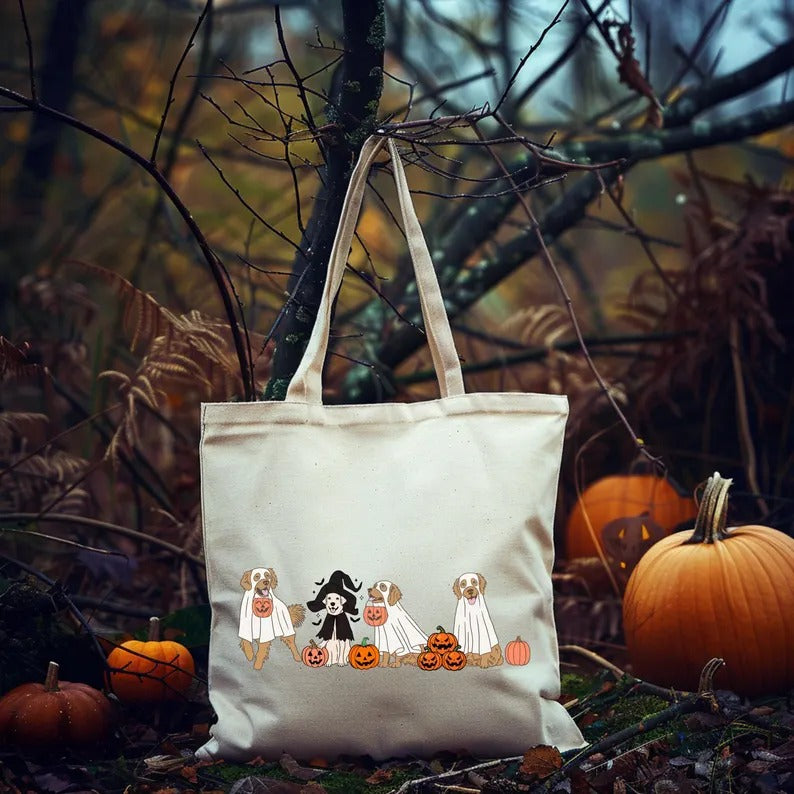 Halloween Ghost Dogs Tote Bag, Golden Retriever Dogs Printed Bag, Cotton Shopping Bags, Stay Spooky Tote Bag, Totes for Her, Halloween Gifts