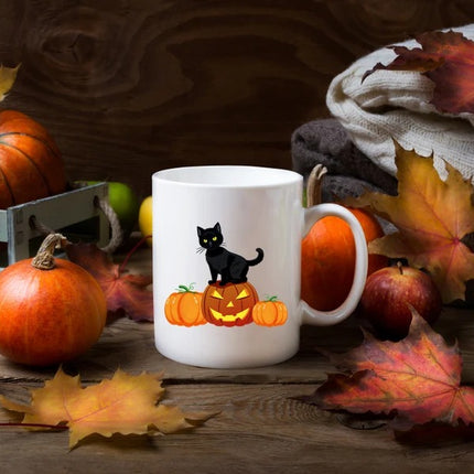 Halloween Cat Printed Mugs, Cat on Pumpkins Spooky Halloween Mug, Vintage Halloween Coffee Cups, Fall Mugs, Family Matching Halloween Gifts