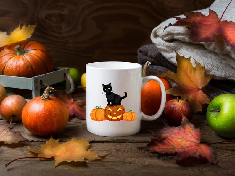 Halloween Cat Printed Mugs, Cat on Pumpkins Spooky Halloween Mug, Vintage Halloween Coffee Cups, Fall Mugs, Family Matching Halloween Gifts