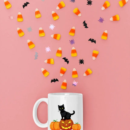 Halloween Cat Printed Mugs, Cat on Pumpkins Spooky Halloween Mug, Vintage Halloween Coffee Cups, Fall Mugs, Family Matching Halloween Gifts