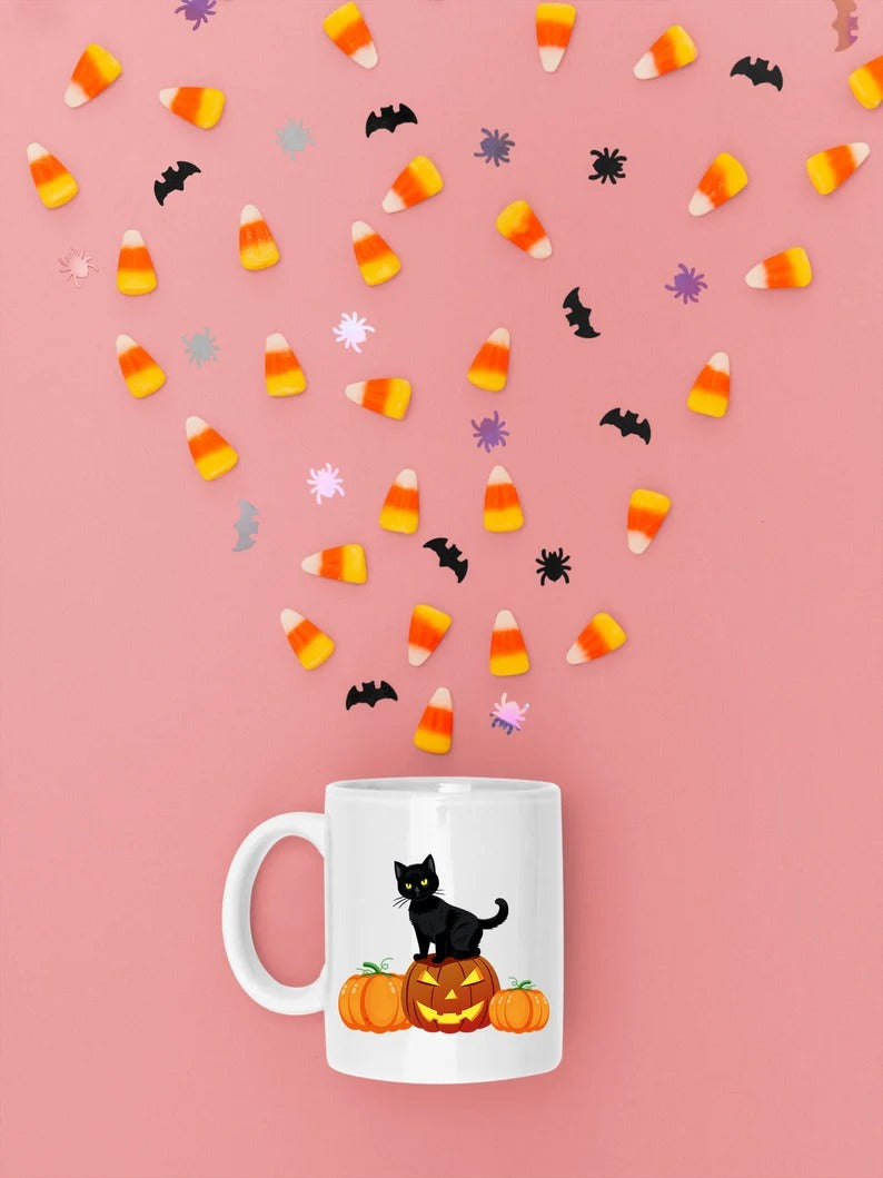 Halloween Cat Printed Mugs, Cat on Pumpkins Spooky Halloween Mug, Vintage Halloween Coffee Cups, Fall Mugs, Family Matching Halloween Gifts