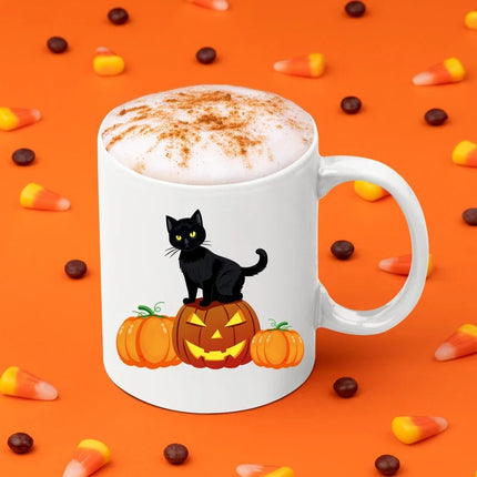 Halloween Cat Printed Mugs, Cat on Pumpkins Spooky Halloween Mug, Vintage Halloween Coffee Cups, Fall Mugs, Family Matching Halloween Gifts