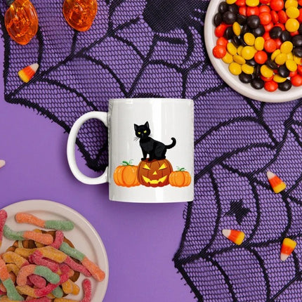 Halloween Cat Printed Mugs, Cat on Pumpkins Spooky Halloween Mug, Vintage Halloween Coffee Cups, Fall Mugs, Family Matching Halloween Gifts