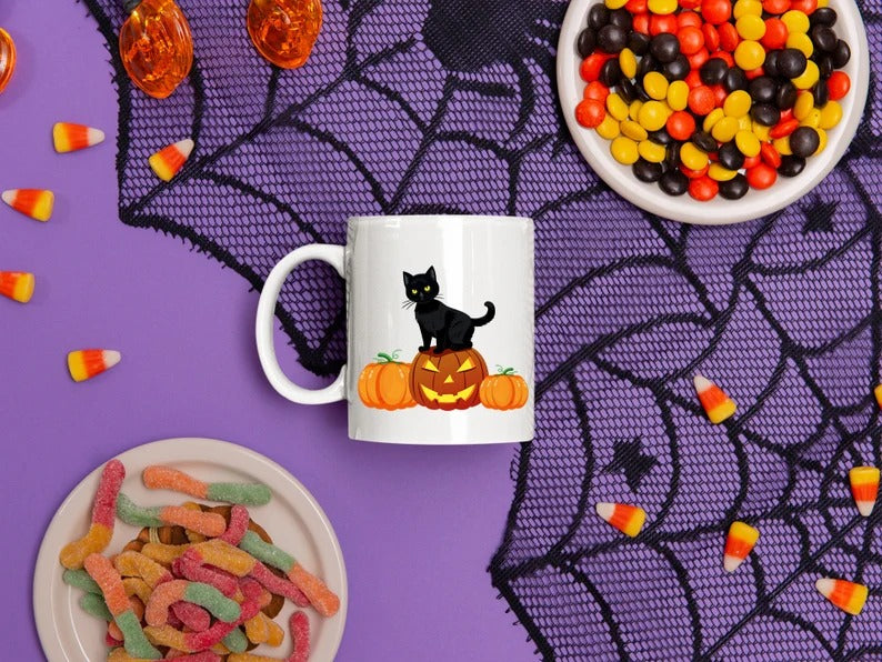 Halloween Cat Printed Mugs, Cat on Pumpkins Spooky Halloween Mug, Vintage Halloween Coffee Cups, Fall Mugs, Family Matching Halloween Gifts