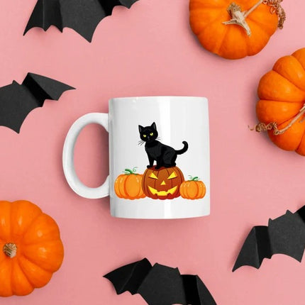 Halloween Cat Printed Mugs, Cat on Pumpkins Spooky Halloween Mug, Vintage Halloween Coffee Cups, Fall Mugs, Family Matching Halloween Gifts