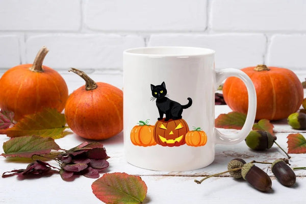 Halloween Cat Printed Mugs, Cat on Pumpkins Spooky Halloween Mug, Vintage Halloween Coffee Cups, Fall Mugs, Family Matching Halloween Gifts