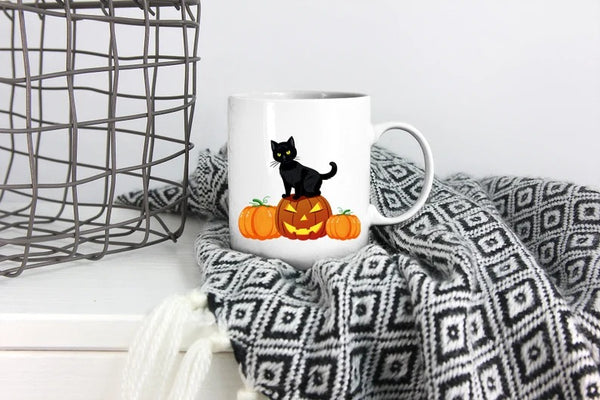 Halloween Cat Printed Mugs, Cat on Pumpkins Spooky Halloween Mug, Vintage Halloween Coffee Cups, Fall Mugs, Family Matching Halloween Gifts