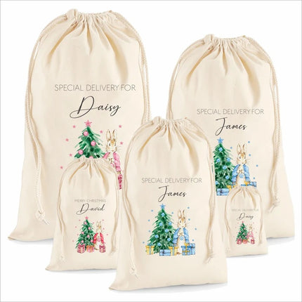 Personalised Christmas Santa Sack, Cute Rabbit Printed Christmas Sack Bags, Custom Name Christmas Stocking Storage Bags, Christmas Eve Gifts