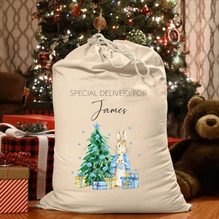 Personalised Christmas Santa Sack, Cute Rabbit Printed Christmas Sack Bags, Custom Name Christmas Stocking Storage Bags, Christmas Eve Gifts