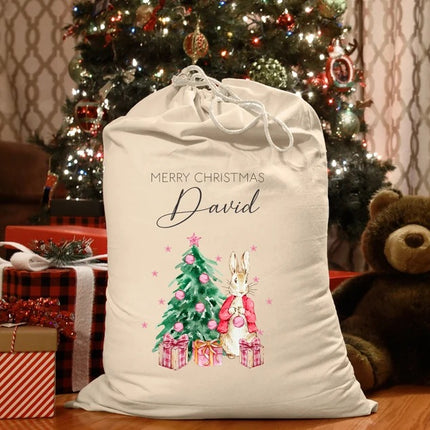 Personalised Christmas Santa Sack, Cute Rabbit Printed Christmas Sack Bags, Custom Name Christmas Stocking Storage Bags, Christmas Eve Gifts