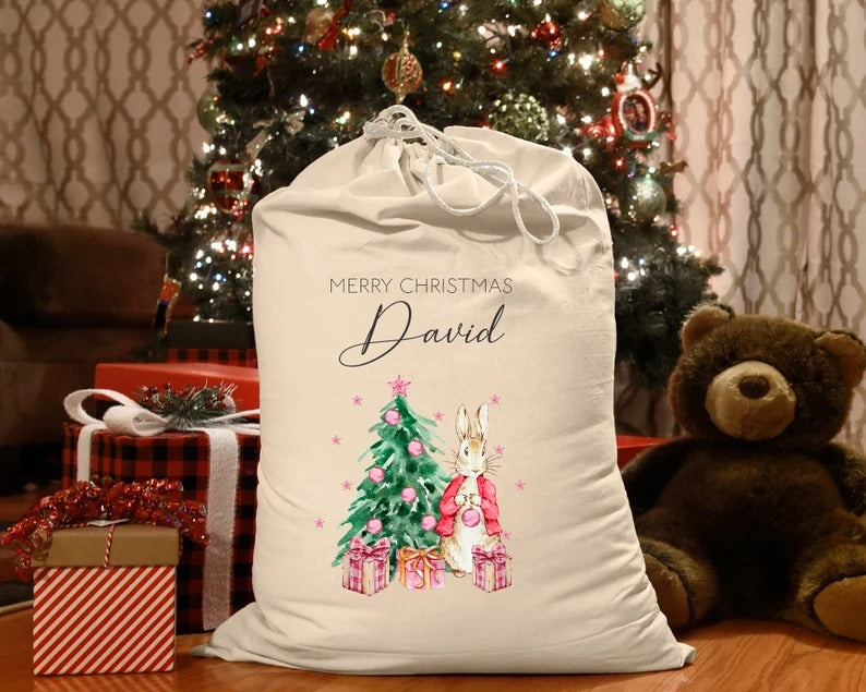 Personalised Christmas Santa Sack, Cute Rabbit Printed Christmas Sack Bags, Custom Name Christmas Stocking Storage Bags, Christmas Eve Gifts