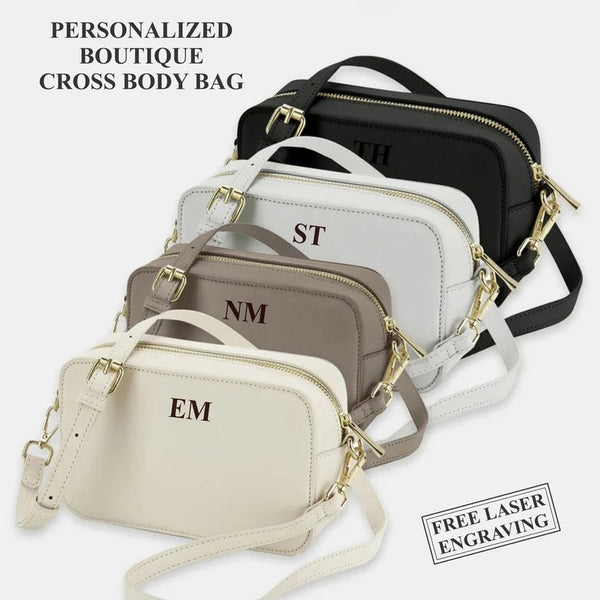 Personalised Black Crossbody Bag | Engraved Initials Vegan Leather Shoulder Bag | Handbag Gift for Her | Custom Initials Phone Clutch Bag