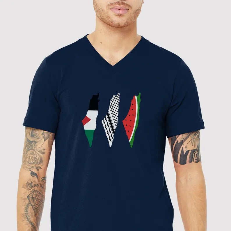 Palestine Flag Printed T-Shirt, Palestine Map Designs Tee Shirt, Muslims Solidarity Comfort Tops, Palestine Watermelon Flag V-Neck Tees