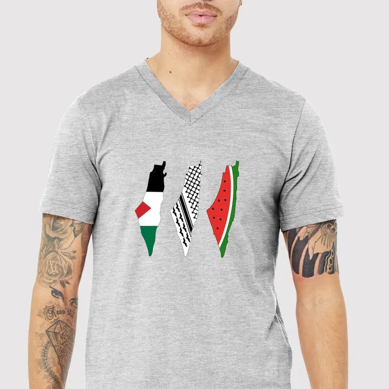 Palestine Flag Printed T-Shirt, Palestine Map Designs Tee Shirt, Muslims Solidarity Comfort Tops, Palestine Watermelon Flag V-Neck Tees