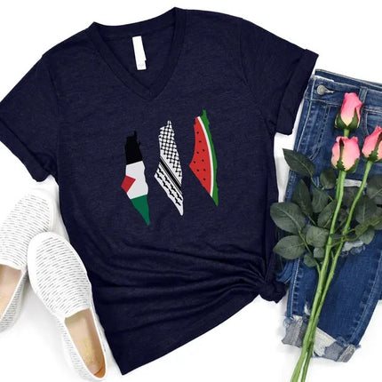 Palestine Flag Printed T-Shirt, Palestine Map Designs Tee Shirt, Muslims Solidarity Comfort Tops, Palestine Watermelon Flag V-Neck Tees