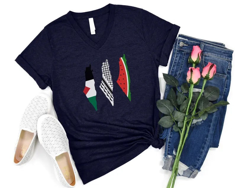 Palestine Flag Printed T-Shirt, Palestine Map Designs Tee Shirt, Muslims Solidarity Comfort Tops, Palestine Watermelon Flag V-Neck Tees