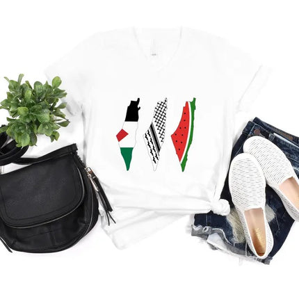 Palestine Flag Printed T-Shirt, Palestine Map Designs Tee Shirt, Muslims Solidarity Comfort Tops, Palestine Watermelon Flag V-Neck Tees