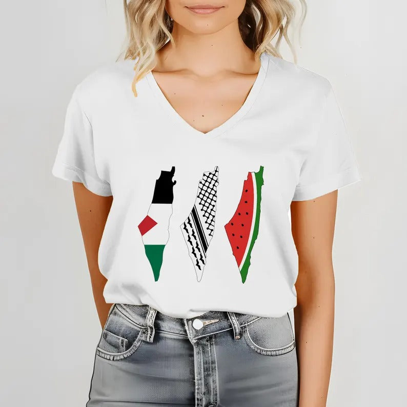 Palestine Flag Printed T-Shirt, Palestine Map Designs Tee Shirt, Muslims Solidarity Comfort Tops, Palestine Watermelon Flag V-Neck Tees