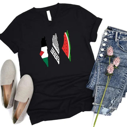 Palestine Flag Printed T-Shirt, Palestine Map Designs Tee Shirt, Muslims Solidarity Comfort Tops, Palestine Watermelon Flag V-Neck Tees