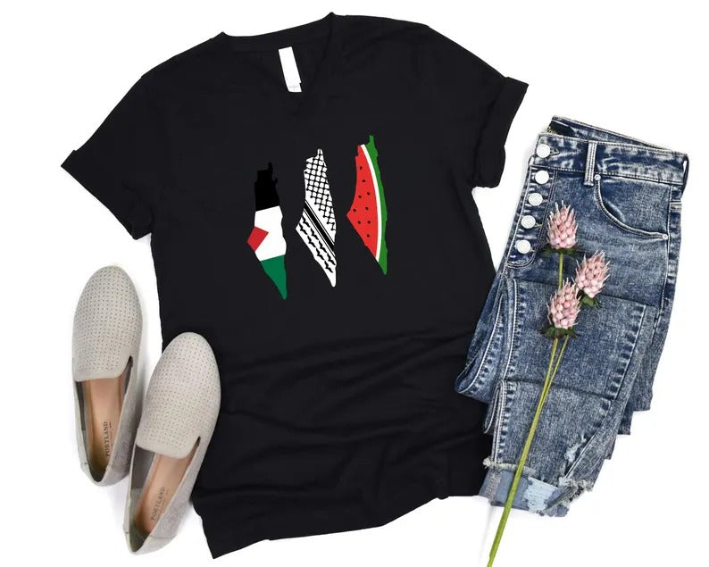 Palestine Flag Printed T-Shirt, Palestine Map Designs Tee Shirt, Muslims Solidarity Comfort Tops, Palestine Watermelon Flag V-Neck Tees