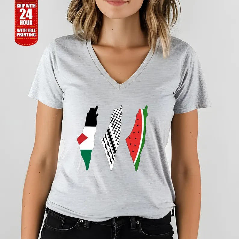 Palestine Flag Printed T-Shirt, Palestine Map Designs Tee Shirt, Muslims Solidarity Comfort Tops, Palestine Watermelon Flag V-Neck Tees